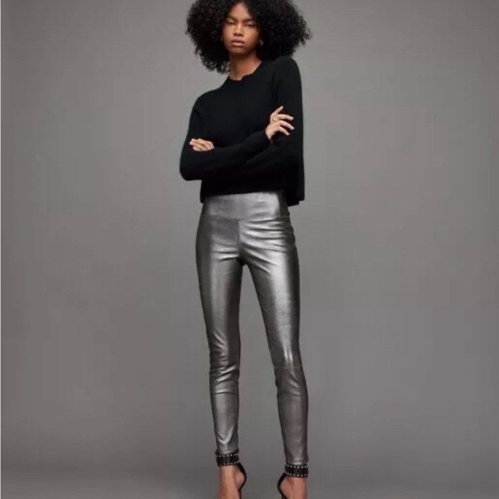 All Saints Cora Foil Gunmetal Metallic Leggings High-Waisted